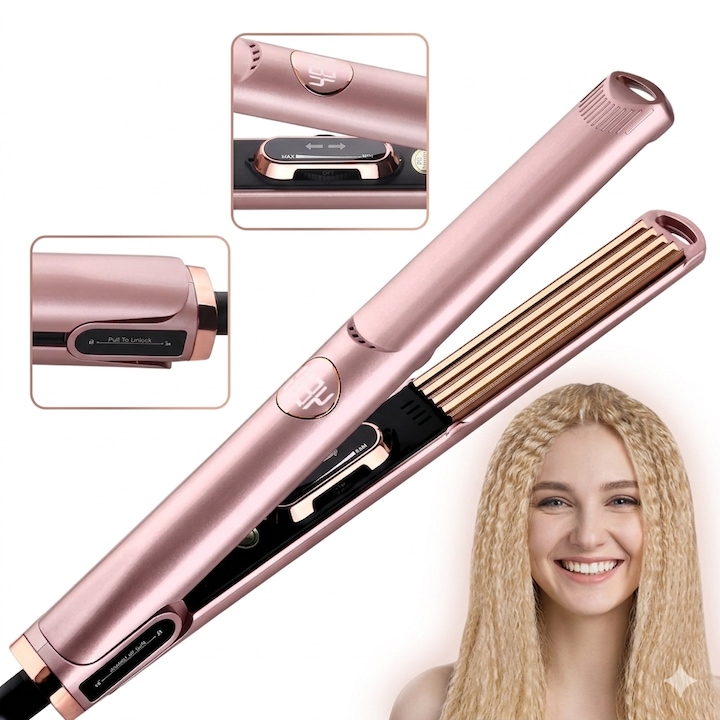 Placa de Creponat si Indreptat Parul profesionala Wanty® Mac-Style, LED Display, Incalzire Rapida pana la 250°C, Placi din Titan, Maner anti-alunecare si cablu pivotant 360°, Rose Gold