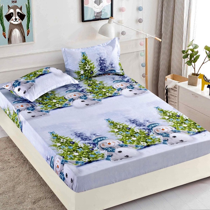 Set Husa de Pat CHIRASO, Finet Gros, 3 Piese, Pat Dublu, Elastic 180x200cm, Fete Perna 55x80cm, Om de Zapada, alb-verde