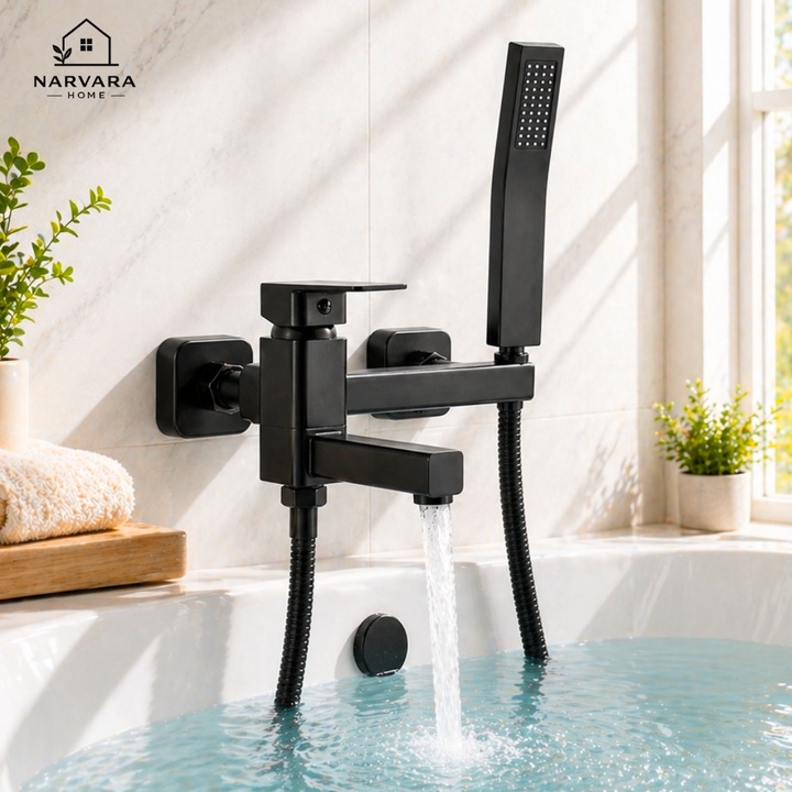 Baterie de cada/dus narvara®, Cu set de dus si pipa comutator, Produs din alama, Cartus ceramic, Limitator debit apa, Robinet rotativ, Negru mat
