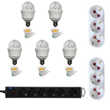 Pachet - 5 x Bec LED disco rotativ colorat cu fasung E27, 3W+ 5 x Fasung stecher cu intrerupator + 2 x Triplu stecher + Prelungitor cu protectie pentru supratensiune si buton On/Off, 6 prize, 3M Pachet - 5 x Bec LED disco rotativ colorat cu fasung E27, 3W+ 5 x Fasung stecher cu intrerupator + 2 x Triplu stecher + Prelungitor cu protectie pentru supratensiune si buton On/Off, 6 prize, 3M