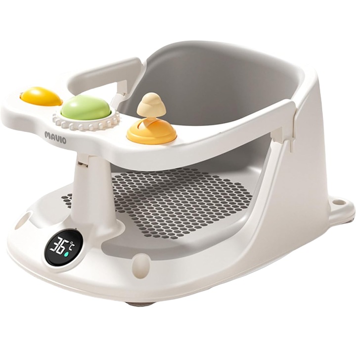 Scaun de Baie pentru Bebelusi Mavio®, Termometru Digital Integrat, Sistem Blocare, Varsta 6 luni+, Practic, Usor de Folosit, 4 Ventuze Fixare, Gauri Scurgere, Sezut si Spatar Confortabile, Materiale Sigure