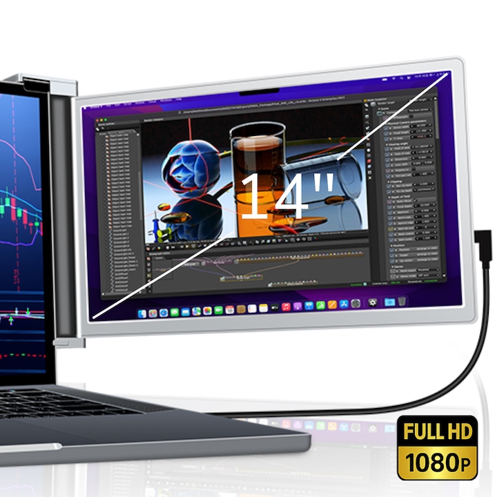Разтегателен преносим монитор 14" IPS Full HD 1080p, USB-C и HDMI свързване, регулируем 0-180°, Plug & Play, съвместим с Windows и macOS, тънък дизайн, сребрист, A ATAB