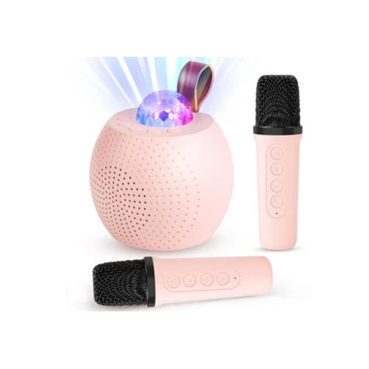 Комплект от 2 безжични микрофона и преносима караоке машина, розова, Bluetooth