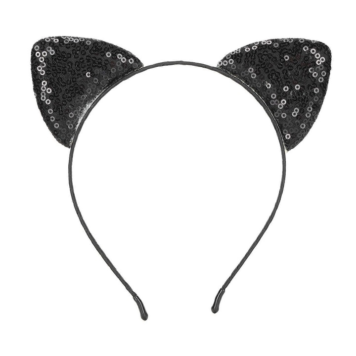Bentita cu urechi de pisica, decorata cu paiete, neagra, 12.5x14cm, set de accesorii pentru par