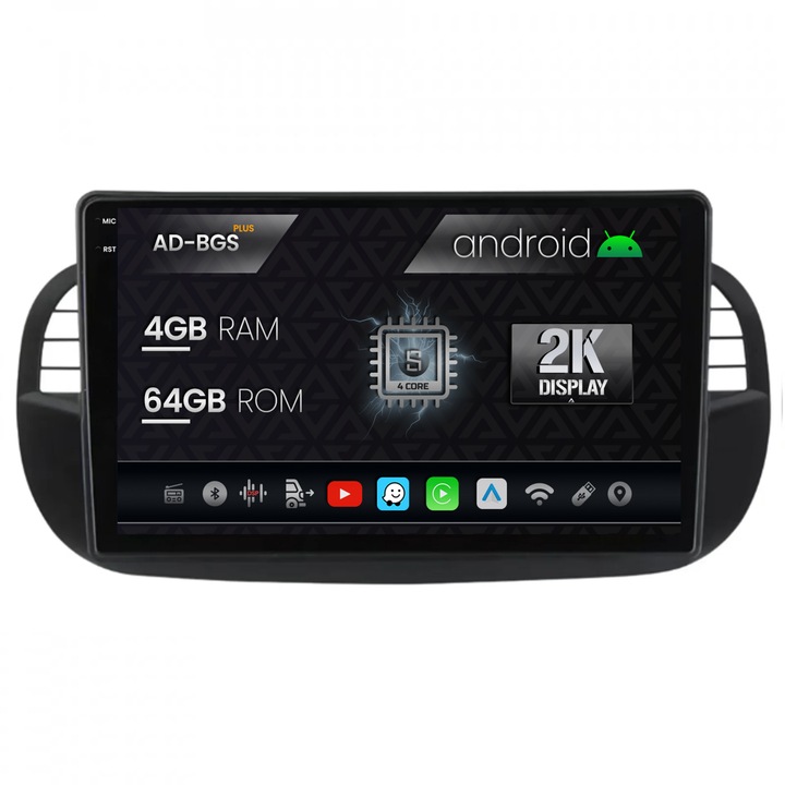 Navigatie Autodrop 2K Fiat 500 (2007-2014), Android OS, S-Quadcore, 4GB RAM, 64GB ROM, 9.5 Inch - AD-BGS90042K, AD-BGRKIT362V3