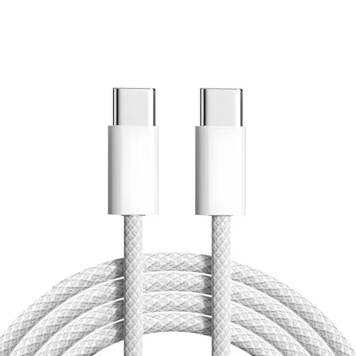 Cablu date si incarcare rapida 60W, SmartGSM®, compatibil SuperFastCharge iPhone 15, 16, 17 Pro & ProMax, Protectie Supratensiune, Incarcare Rapida si Sigura, compatibil CarPlay, TEXTIL, USB-C - Type C, Alb, 1m