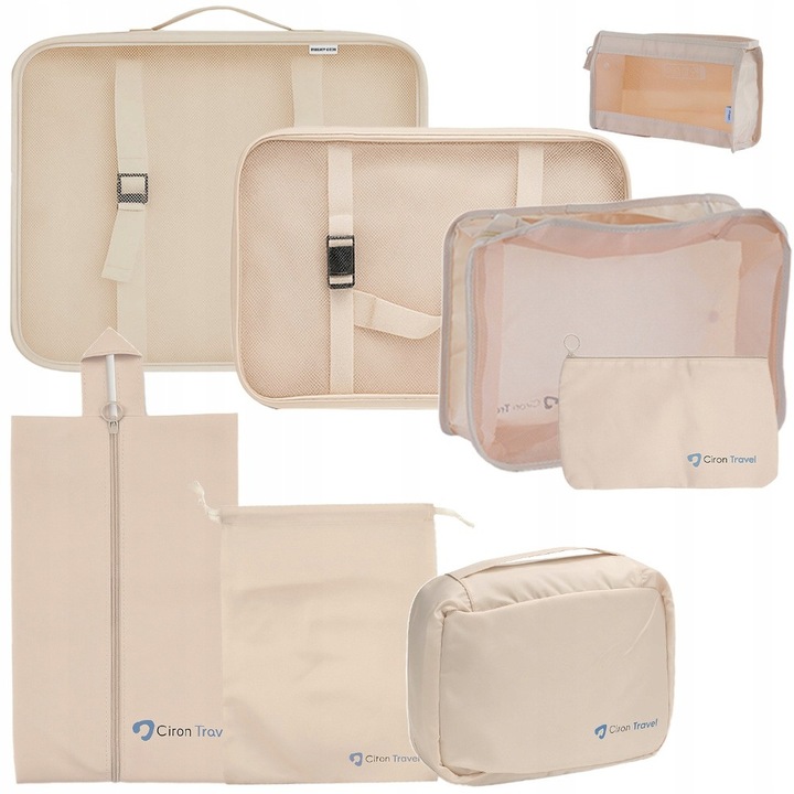Utazásszervező Készlet, Ciron, RT-OD-004, 40 × 11 × 30 cm, 8 Darabos Bőröndhöz és Hátizsákhoz, Vízálló Anyag, Különböző Méretek, Dupla Cipzár, Könnyű és Összecsukható, Ideális Poggyászrendezéshez, Bézs