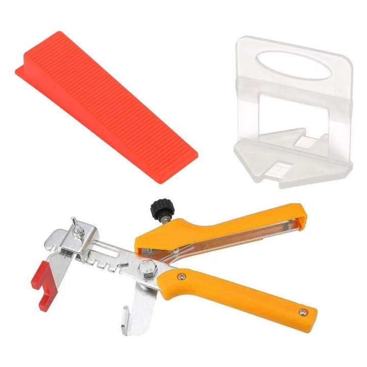 Set sistem nivelare placi ceramice FIXUSOR 5 – 500 clipsuri (rost 1,0 mm) + 100 pene refolosibile + 1 cleste metalic