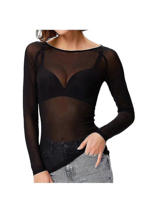 Bluza dama, maneca lunga, transparenta, poliester, fara cusaturi, Negru