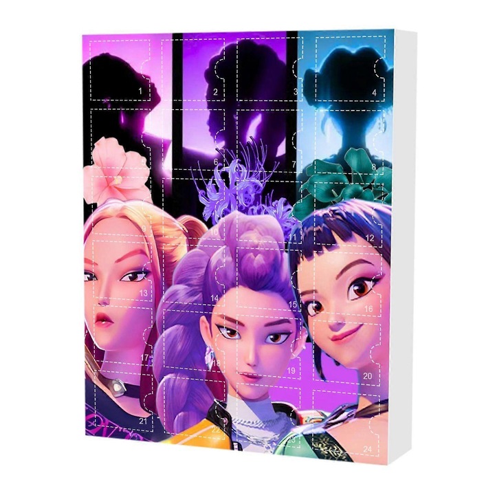 K-Pop Demon Hunter Adventi naptár 24 kulcstartóval, 13 kulcstartó + 11 medál, doboz mérete 26x18x3cm, többszínű