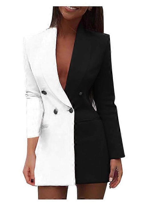 Rochie Blazer pentru Femei, cu Guler, Maneca Lunga, Jacheta Patchwork, Negru