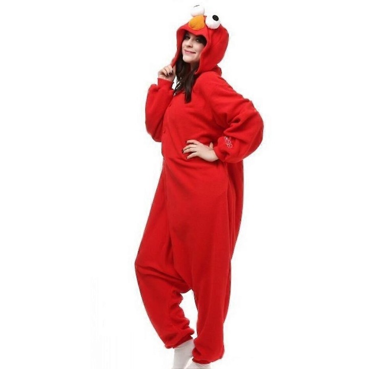 Costum adult Cookie Elmo, rosu, marimea XL, din polar moale, cu buzunare, pentru petreceri si cosplay