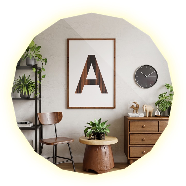 Oglinda Forma Poligonala LED, Tulup, 60x60 cm, Neutra (4000 K), Decorativa Pentru Dormitor – Lumina Ambientala Si Design Modern Fara Rama, 010390550530200000000