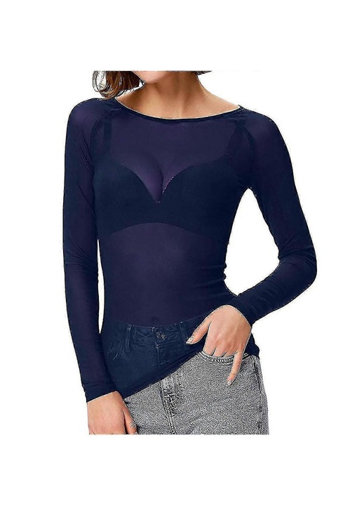 Bluza dama, maneca lunga, transparenta, poliester, fara cusaturi, Albastru