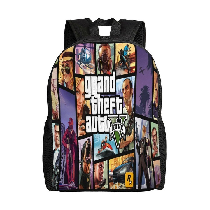 Ghiozdan mare, Grand Theft Auto, impermeabil, pentru calatorii si munca, Poliester, 15 inch, multicolor