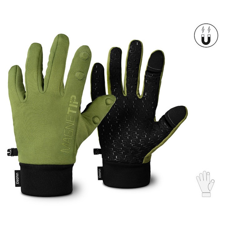 Mănuși sport Delphin MagneTIP, negru-verde, mărime M, cu vârf pliabil și interior din fleece