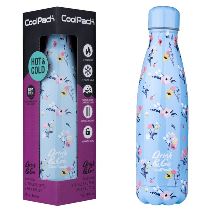 Termos, Coolpack, Sticla Termica Provence, Inox, Fara Bpa, Fara Bps, Fara Bpf, Izolatie Termica, Cu Capac, 26.5 x 7.5 cm, Albastru, 1 Bidon 0.5 l