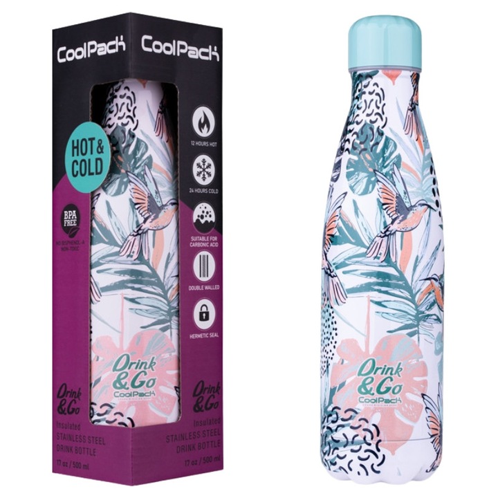 Bidon, Coolpack, Sticla Termica Thai, Inox, Cu Capac, Fara Bpa, Fara Bps, Material durabil, util, Izolatie Termica, 25.5 x 10 cm, Albastru, 1 Bidon 0.5 l