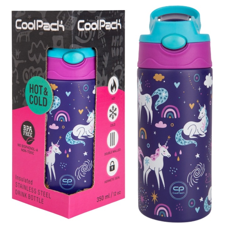 Термос, Термо бутилка, Coolpack, Bono, Материал Тритан, Топлоизолация, Без Bpa, Bps, Bpf, Лесно почистване, 22,5 x 7,5 см, Многоцветен, 1 термос с капак и сламка