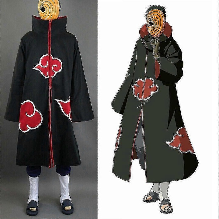 Akatsuki cosplay köpeny szett és latex maszk Tobi mintával, textil köpeny hímzett vörös felhőkkel és merevített gallérral – 2 darabos, Fekete/Narancssárga, S-XXL
