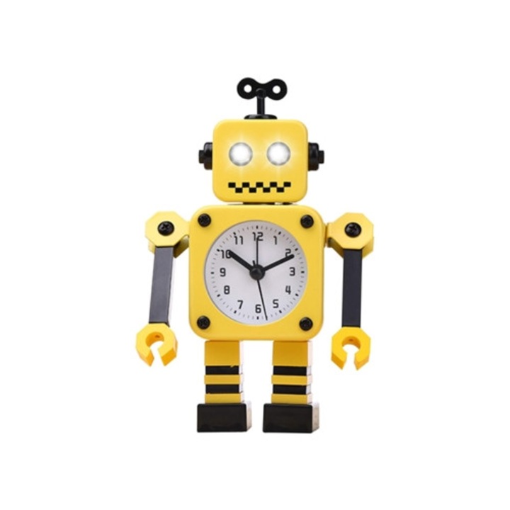 Rozsdamentes acél robot dekoratív óra, világító szemekkel és forgó karral, sárga és fekete