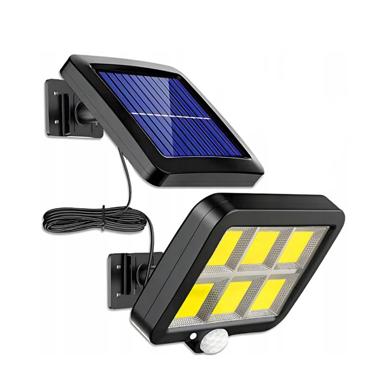 Lampa Solara Exterior HOZRO, cu 120 LED-uri Puternice, Senzor de Miscare si de Lumina, Panou Solar Ajustabil, Impermeabila si Eficienta Energetic – Iluminare Automata pentru Curte, Gradina, Alei sau Garaj