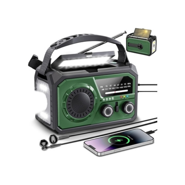Соларно аварийно радио с батерия 16000 mAh, AM/FM/WB, LED фенер Eifson, тъмнозелен