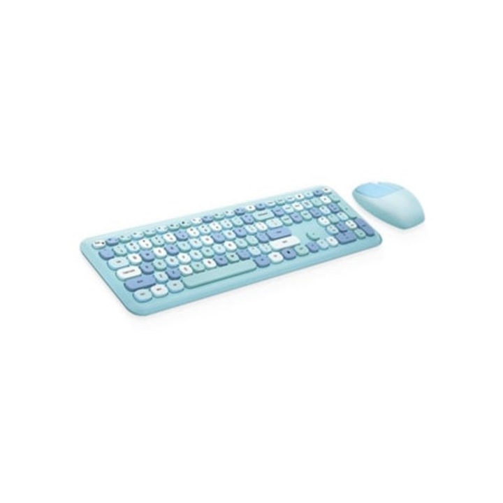 Set tastatura si mouse wireless 2.4GHz cu tastatura numerica, butoane rotunde, albastru