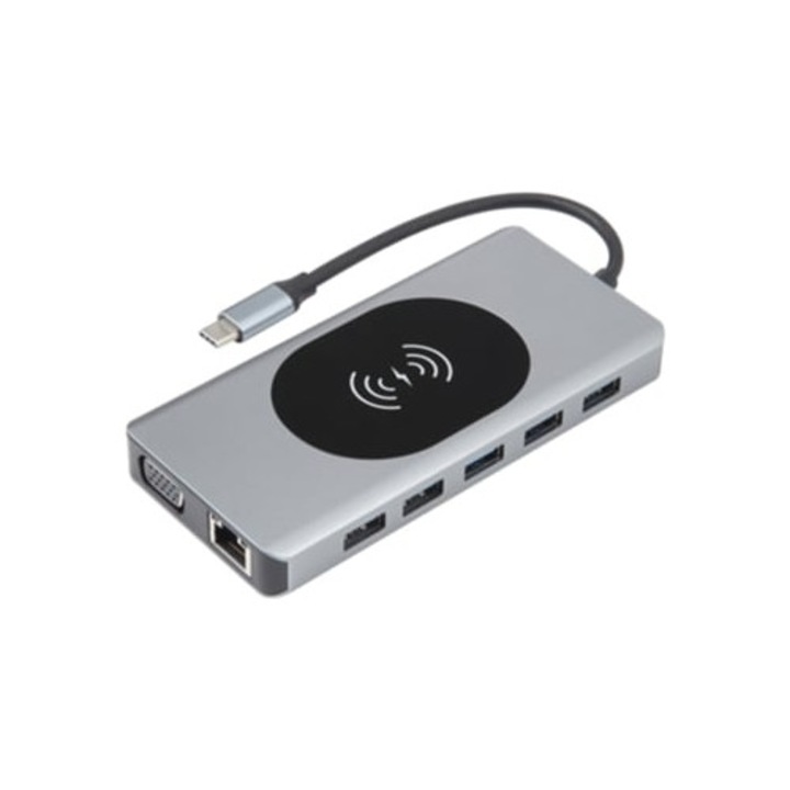 Statie de andocare Zruxe Hb 076, adaptor multifunctional 14-in-1, incarcare wireless, culoare neagra