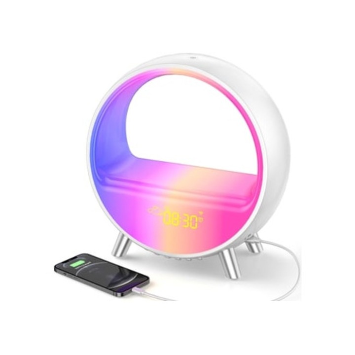 Intelligens LED dekorációs óra, színes hangulatfények, naplemente vetítés, 15W vezeték nélküli töltés