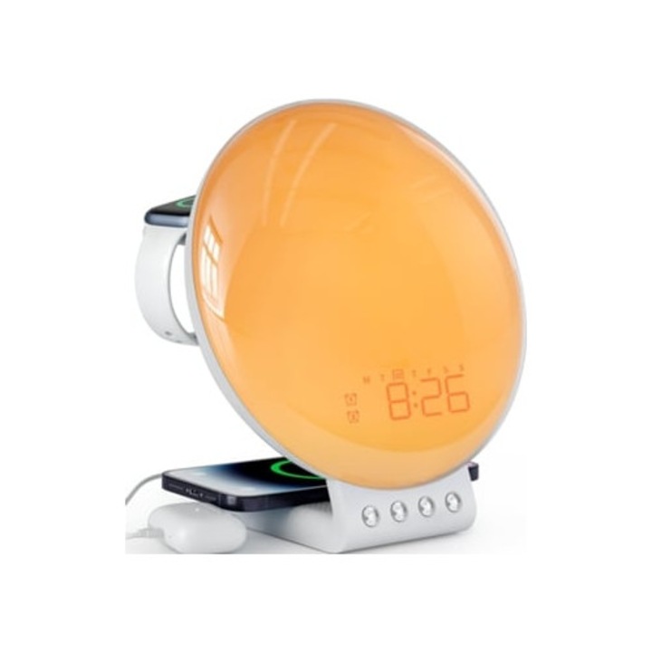 Zruxe Des28 digitális dekoratív óra napkelte/napnyugta szimulációval, 15W vezeték nélküli töltővel, érintésvezérléssel és alkalmazással