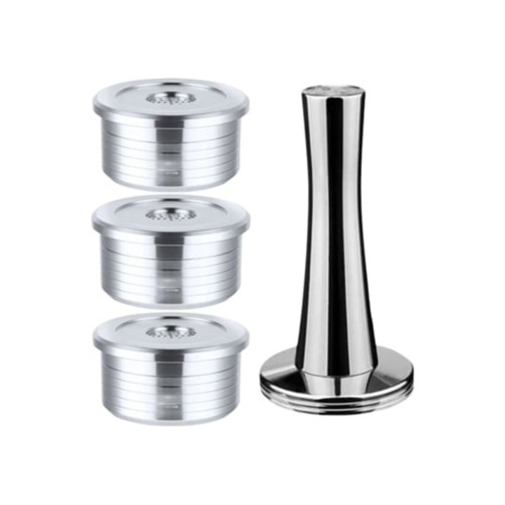 Set 3 capsule reutilizabile din otel inoxidabil si compactor pentru aparat de cafea Delta Q Mini Qool