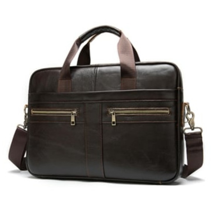 Férfi természetes bőr válltáska, sötétbarna, laptophoz, aktatáska típusú