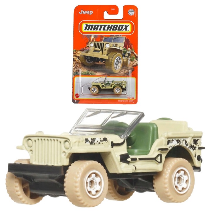 Количка, Matchbox, Willys Jeep 1:64, Метал, ръчно, 10.5x10x10см, Многоцветен