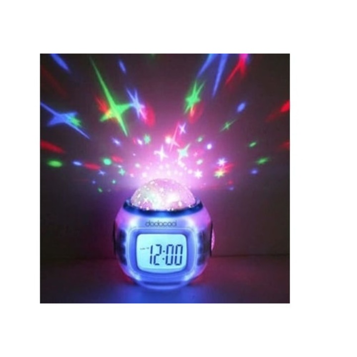 Csillagos égbolt kivetítővel, ébresztővel, zenével, hőmérővel ellátott dekoratív óra