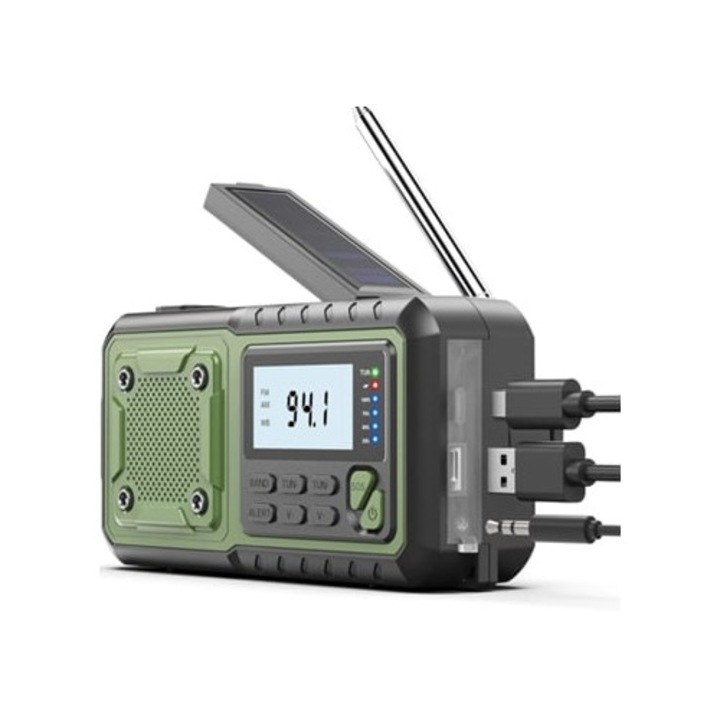 Radio de urgenta solar, Zruxe SY376, alerta meteo NOAA/AM/FM, 5000 mAh, verde