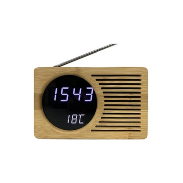 Intelligens dekoratív óra, bambusz, 6 hüvelykes, LED, FM rádió, Mdug