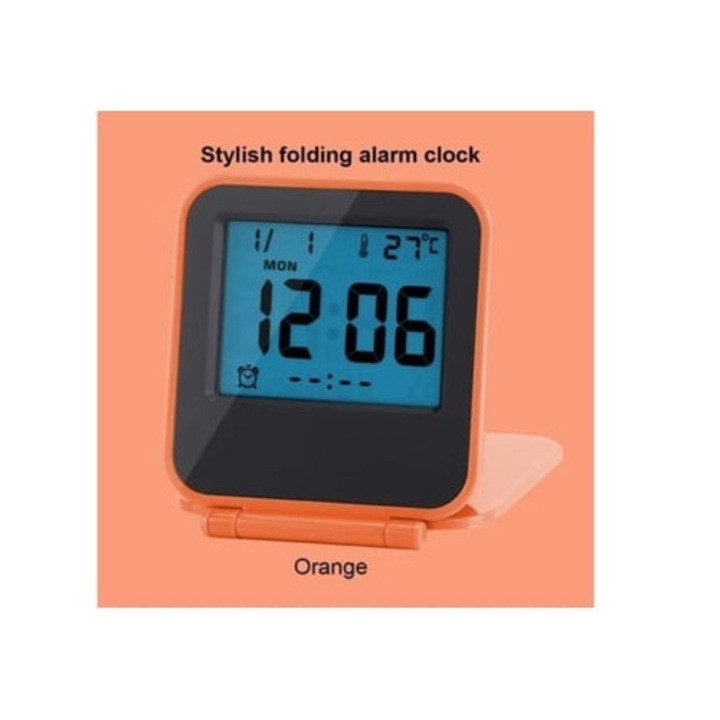 Hurrise dekoratív óra, összecsukható digitális ébresztőóra, hordozható, narancssárga, hőmérővel és naptárral