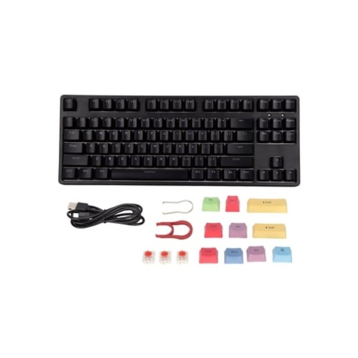 Tastatura mecanica ergonomica cu 87 de taste, cablata, capace sublimare, pentru gaming si birou