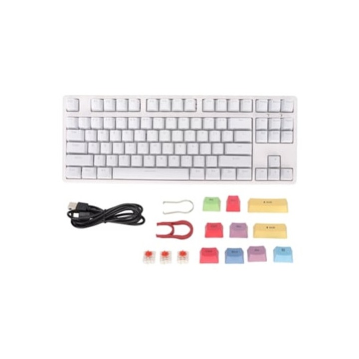 Tastatura mecanica ergonomica cu 87 de taste, cablat, capace sublimare, pentru gaming, birou