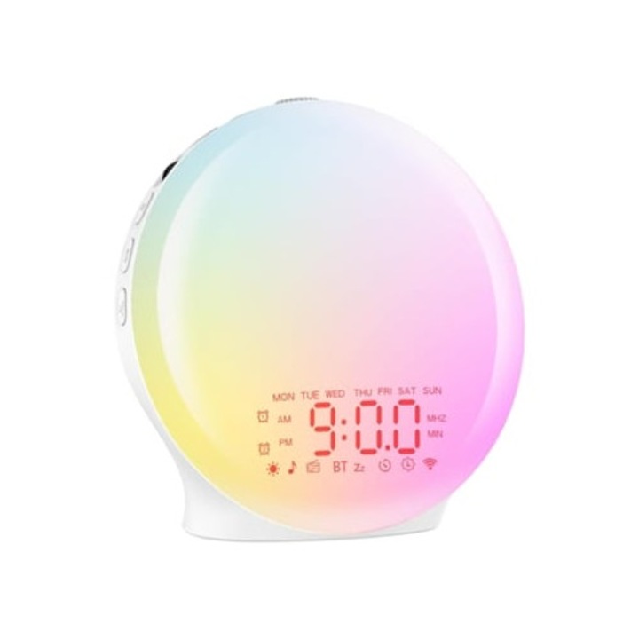 Dekoratív ébresztőóra digitális Bluetooth-tal, napfelkelte/napnyugta szimuláció, 17 színes fény, 2 ébresztő, FM rádió