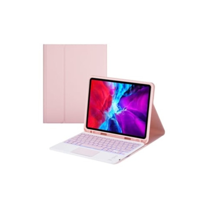 Carcasa tastatura iPad cu tastatura wireless iluminata 7 culori si touchpad, roz, compatibila cu iPad 10.2/9.7/10.5