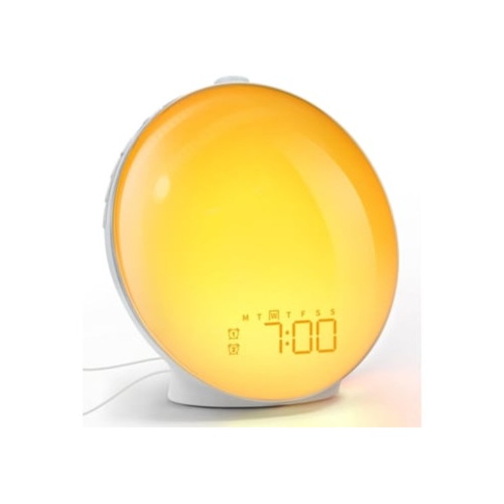 Dekoratív óra digitális ébresztővel, napkelte/napnyugta szimulációval, 2 ébresztővel, természetes hangokkal, FM rádióval, színes fényekkel