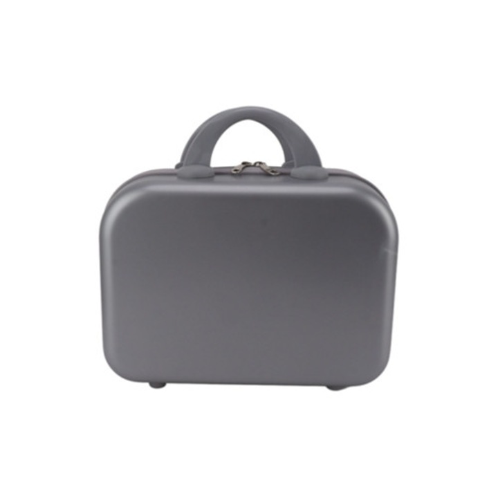 Portfard cosmetic 14in, design valiza, maner ABS, capacitate mare, argintiu