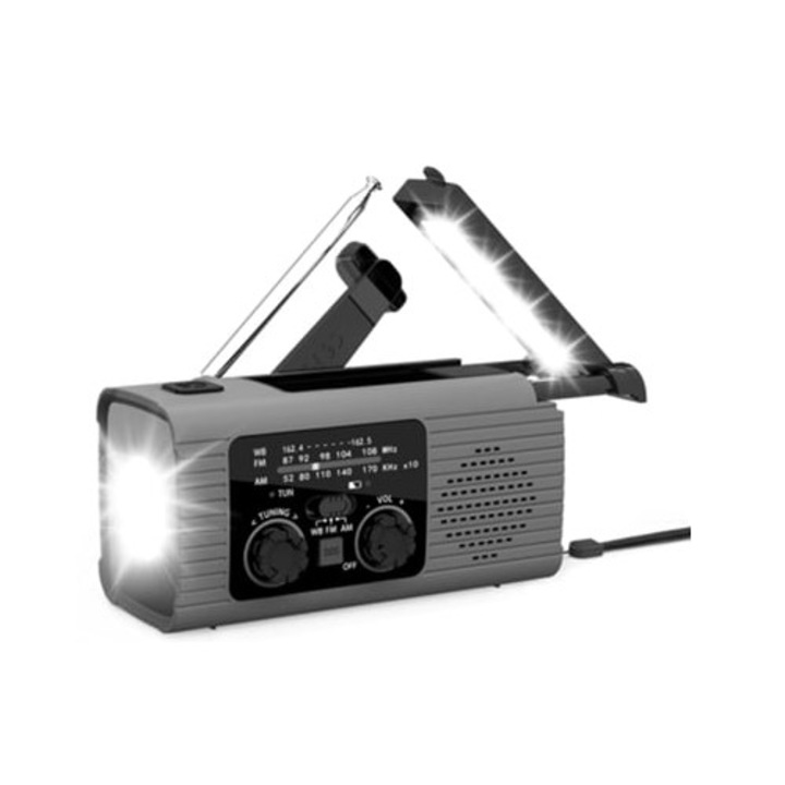 Radio, AM/FM/NOAA, incarcare solara si prin manivela, lanterna, alarma SOS, gri
