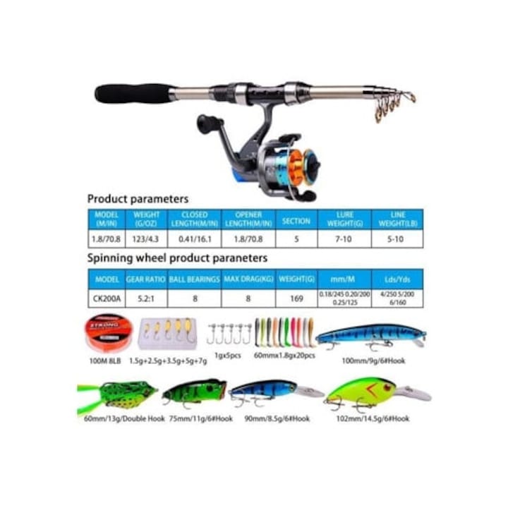 Set lansete pescuit, 1.8M, mulineta puternica, geanta transport, telescopica