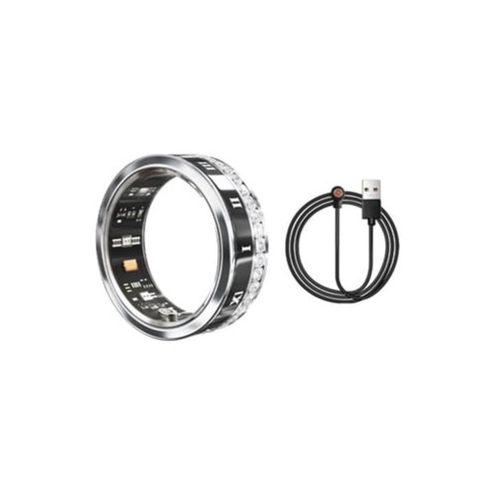 Inel inteligent, monitorizare ritm cardiac/pasi, argintiu/negru, compatibil cu iPhone si Android, marimea 12