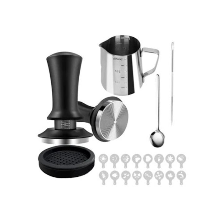 Тампер за еспресо кафе, 51 мм, с аксесоари за разпенване, черен/сребрист