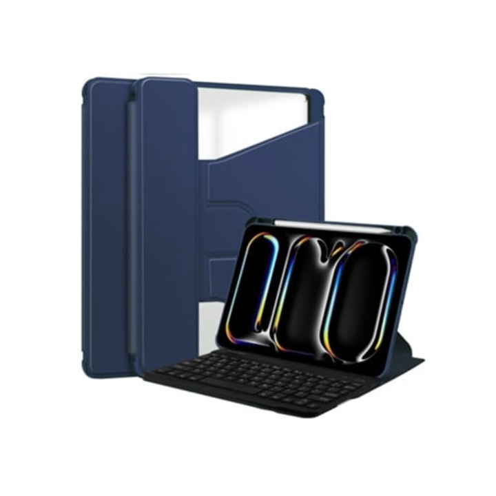 Husa din piele cu tastatura rotativa 360 grade pentru iPad Pro 2024 11 inch, albastru inchis
