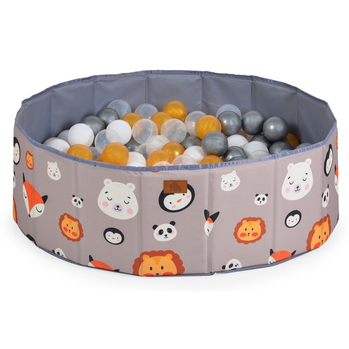 Piscina uscata pliabila Moni Melo pentru bebelusi si copii, 80x26 cm, geanta de depozitare inclusa, 90 bile colorate incluse, Animals